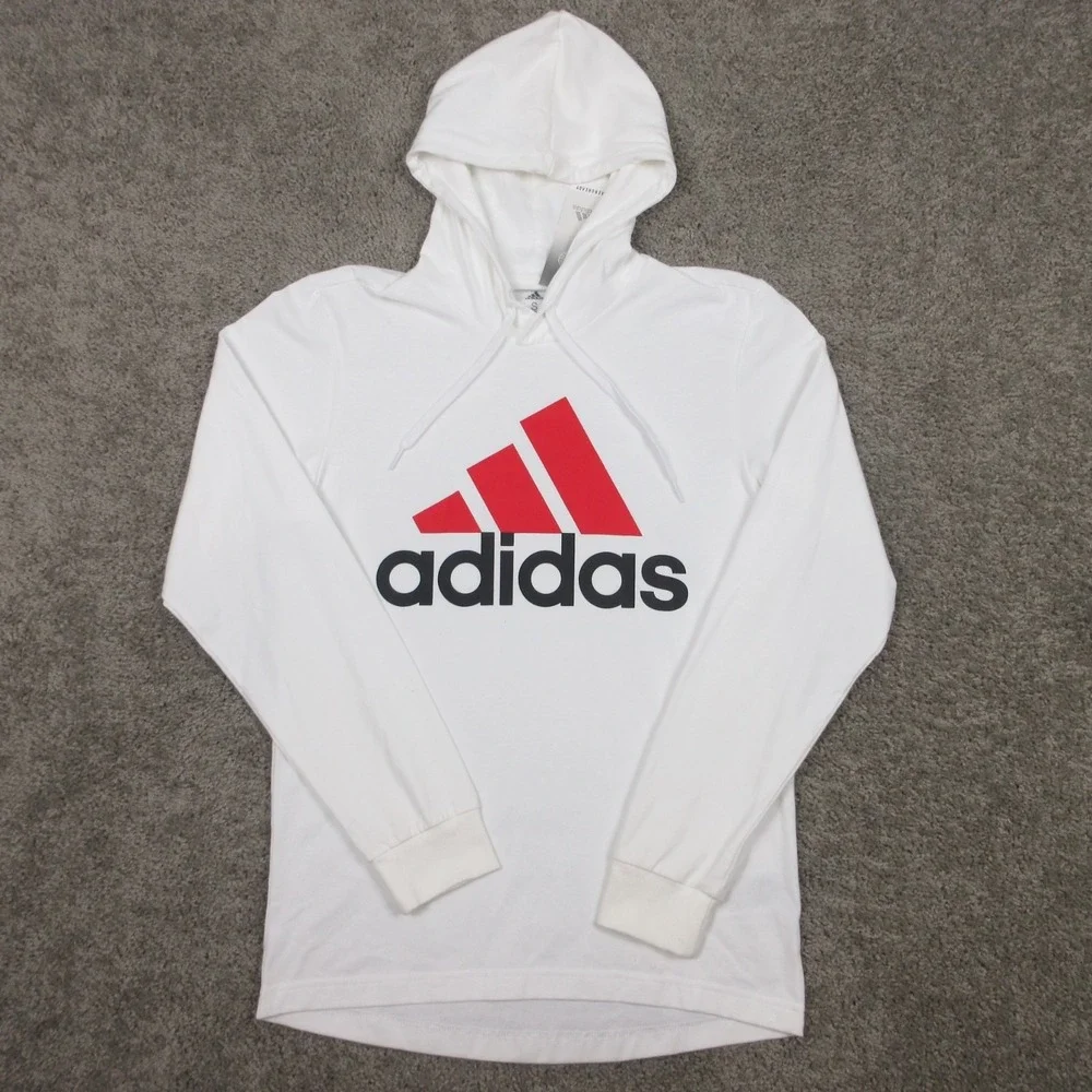 Adidas Sweater Mens Small White Red Logo Lightweight Pullover Hoodie Sweatshirt‎